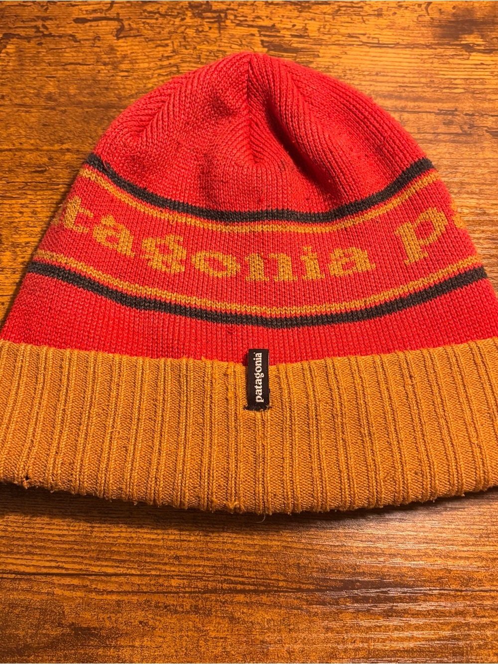 Patagonia Red and Mustard Ribbed Cuff Beanie